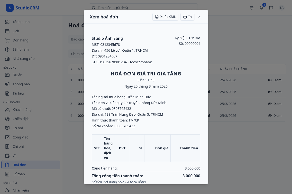 Xuất XML hoá đơn
