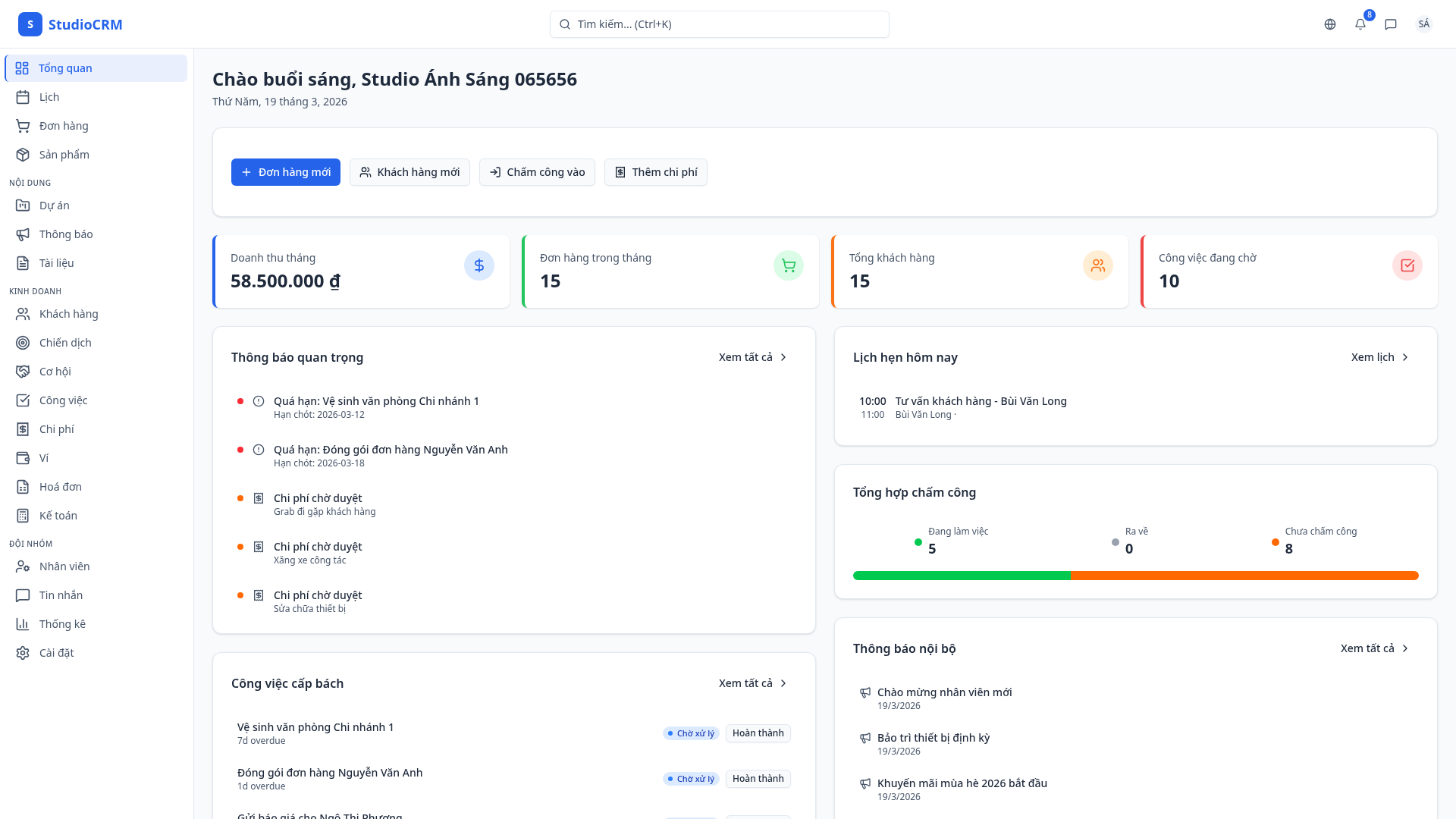 StudioCRM Dashboard